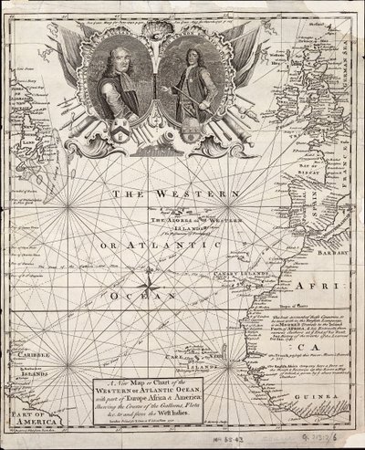 Een nieuwe kaart van de westelijke of Atlantische oceaan met een deel van Europa, Afrika en Amerika: de route van de galeien van en naar West-Indië door Emanuel Bowen