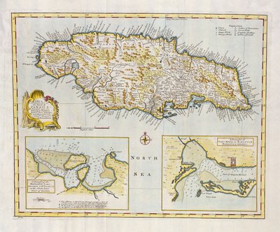 Kaart van het Eiland Jamaica, verdeeld in zijn Belangrijkste Parochies ca. 1760 door Emanuel Bowen