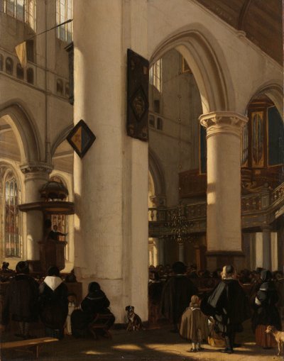 Interieur van een protestantse gotische kerk tijdens een dienst door Emanuel de Witte