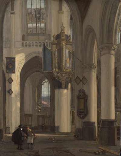 Interieur van een protestantse gotische kerk met motieven uit de Oude en Nieuwe Kerk in Amsterdam door Emanuel de Witte
