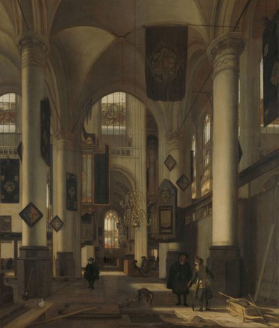 Interieur van een protestantse gotische kerk met motieven uit de Oude en Nieuwe Kerk in Amsterdam door Emanuel de Witte