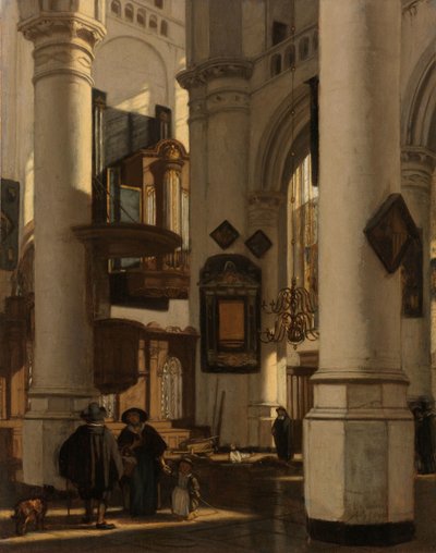 Interieur van een protestantse gotische kerk met een grafdelver in het koor door Emanuel de Witte