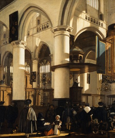 De Oude Kerk, Delft, met Kerkgangers die naar een Preek luisteren, 1669 door Emanuel de Witte