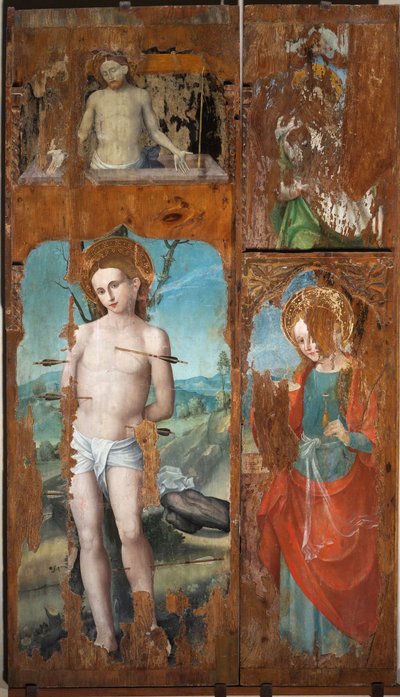 Sint Sebastiaan, Sint Lucia, Christus opstanding met de symbolen van de Passie door Emanuele Macario