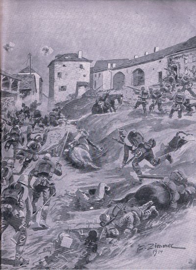 Het Aschaffenbergse 2e Beierse Jagersbataljon bij Lagarde augustus 1914, uit De Geïllustreerde Geschiedenis van de Wereldoorlog 1914-1915 uitgegeven door Union Berlagsefellfchaft door Emil (after) Limmer