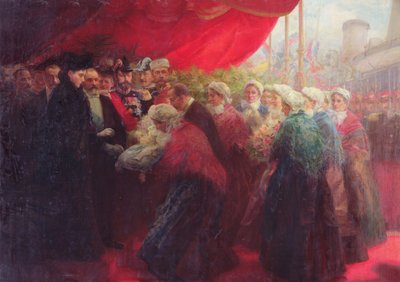 De Bazennes bieden een zilveren vis aan Alix van Hessen-Darmstadt, keizerin van Rusland, in Duinkerken in 1901 door Emil Benediktoff Hirschfeld