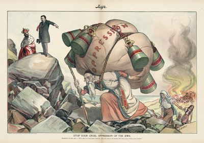 Stop uw wrede onderdrukking van de Joden, Judge magazine van september 1905 (chromolithografie) door Emil Flohri