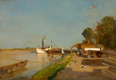 De stoombootstation aan de Donau tegenover Kaisermühlen door Emil Jakob Schindler