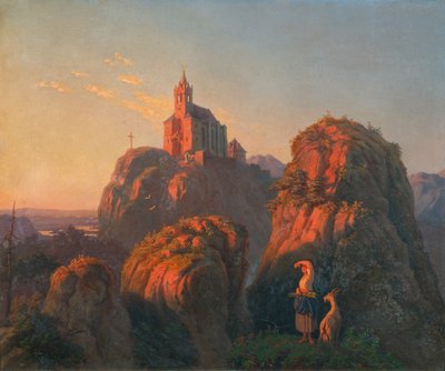 Landschap met kerk in de avond door Emil Ludwig Löhr