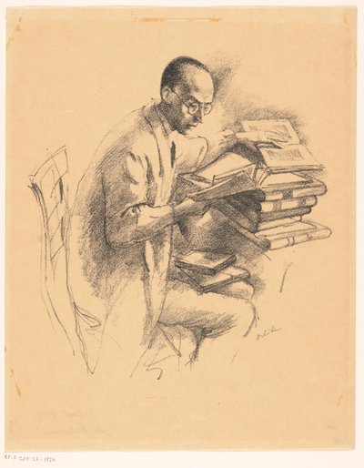 Man achter een bureau vol boeken door Emil Orlik (signed by artist)