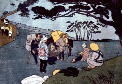 Reizigerspauze op een bergweg in Japan door Emil Orlik