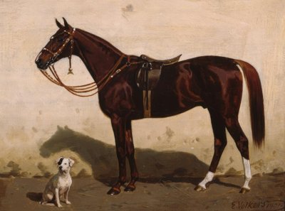 Gezadelde vos met hond door Emil Volkers