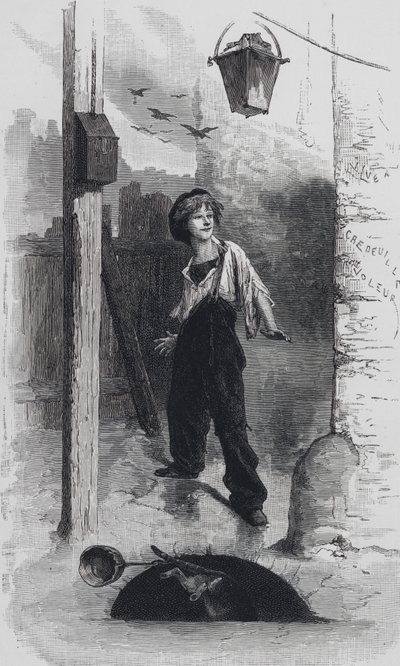 Scène uit Les Miserables, door Victor Hugo: Gavroche door Emile Antoine (after) Bayard