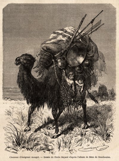 Een Mongoolse emigrantkameel, die voorraden, diverse gebruiksvoorwerpen, tapijten, dekens en hout van het tentframe draagt, evenals jonge kinderen in hangende manden. Tekening door Emile Bayard, ter illustratie van de reis van Shanghai naar Moskou, van 185 door Emile Antoine Bayard