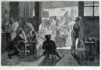 Een groep vrouwen voor een bar, verboden voor vrouwen, zingen hymnes tegen dronkenschap door Emile Antoine Bayard