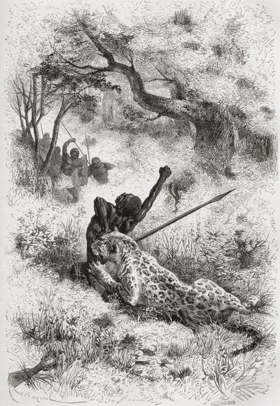 Een luipaard die een Afrikaan aanvalt, illustratie uit 
