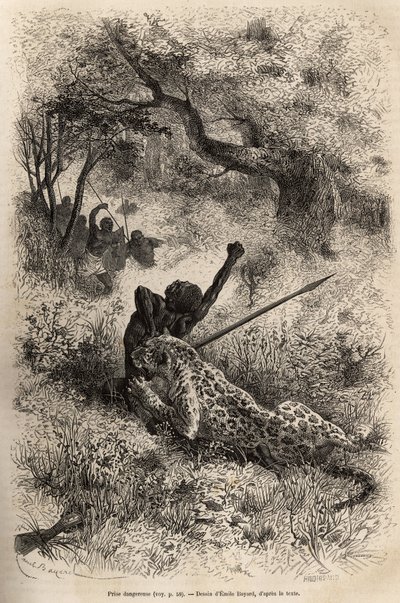Een luipaard springt op een man en bijt hem wreed in zijn rug, in de buurt van Bambare (Congo), gravure naar een tekening van Emile Bayard, ter illustratie van David Livingstone