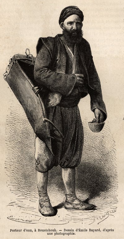 Een waterdrager, rondtrekkende handelaar poserend met zijn uitrusting, een soort tankdoos en een container gebruikt als maat en beker, in Roestchouk (Roemenië), gravure naar de tekening van Emile Bayard, illustrerend de reis naar Bulgarije, door Guillaume  door Emile Antoine Bayard