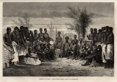 Amadifou, koning van Assinie (Franse Ivoorkust) omringd door zijn hof en zijn muzikanten, circa 1868, gravure naar de tekening van Emile Bayard, ter illustratie van de reis naar de Afrikaanse kust, in 1868, door vice-admiraal Fleuriot de Langles, gepublice door Emile Antoine Bayard