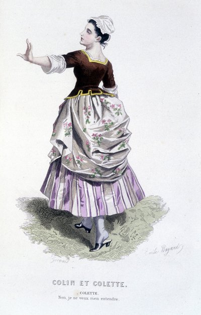 Volledig werk van Beaumarchais (1732-1799) door Edouard Fournier. tekening door Emile Bayard. Ed. Laplace, Sanchez et Cie, Parijs 1876. Dit is Colette in "Colin en Colette" door Emile Antoine Bayard