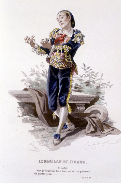 Volledig werk van Beaumarchais door Edouard Fournier. tekening door Emile Bayard. Ed. Laplace, Sanchez et Cie, Parijs 1876. Dit is Figaro in 