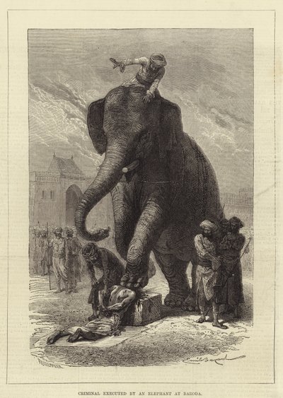 Crimineel geëxecuteerd door een olifant in Baroda door Emile Antoine Bayard