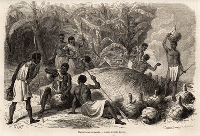 Proeverij van de pombe (alcoholische drank door fermentatie), in de Karague (westen van het Victoriameer, in het huidige Zimbabwe), tekening door Emile Bayard, ter illustratie van de ontdekkingsreis van kapitein Speke in Afrika van 1860 tot 1863. Gravure i door Emile Antoine Bayard