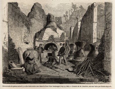 Ontdekt bij een bakkerijoven en bewaard brood in as tijdens de opgravingen van 1864 in Pompei, tekening door Emile Bayard (1837-1891), ter illustratie van de tekst van Marc Monnier (1829-1885) "Pompei en de Pompeianen". Gravure in "Le tour du monde", uitge door Emile Antoine Bayard