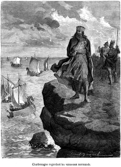 Keizer Karel de Grote kijkt naar de aankomst van Normandische schepen aan de Franse kust - Viking schepen en krijgers - drakkar, Scandinavische navigatie, Noordse invasie - gravure door Emile Bayard ter illustratie van 