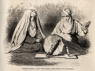 Vrouwen van Boukhara (Oezbekistan), aan het werk met spinnen, gravure naar een tekening van Emile Bayard, ter illustratie van Basile Vereschaguine