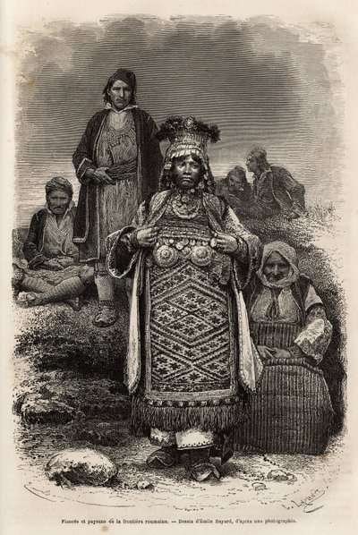Verloofden en boeren van de Roemeense grenzen, gravure naar de tekening van Emile Bayard, illustratie van de reis naar Bulgarije, door Guillaume Lejean, in 1867, gepubliceerd in 