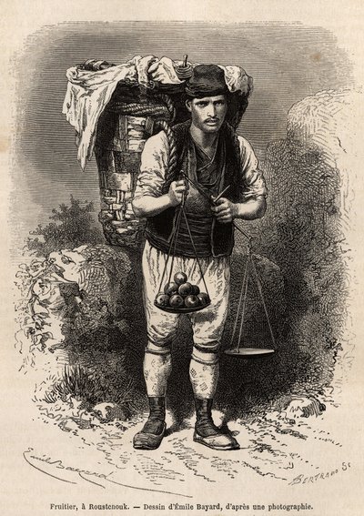 Fruitier, een rondreizende koopman van vers fruit, met zijn transportkap en draagbare weegschaal op zijn rug, in Roustchouk (Roemenië), gravure naar de tekening van Emile Bayard, ter illustratie van de reis naar Bulgarije, door Guillaume Lejean, in 1867, g door Emile Antoine Bayard