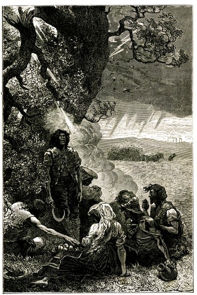Groep oogsters getroffen door bliksem terwijl ze schuilden onder een boom tijdens een storm door Emile Antoine Bayard