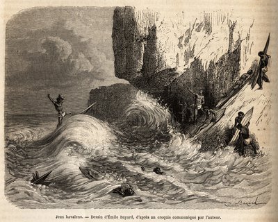 Hawaïaanse spellen, bij de afgrond van Mokapuu, op het eiland Oahu, vermaakten de inwoners zich door hun favoriete spel te beoefenen: surfen, gravure naar de tekening van Emile Bayard, ter illustratie van de reis naar de Sandwich-eilanden, in 1855-1869, do door Emile Antoine Bayard