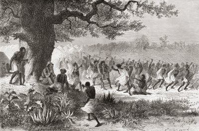Henry Morton Stanley kijkt naar de Vouagogos-stam die zich voorbereidt op de strijd tijdens zijn expeditie in 1871, illustratie uit 