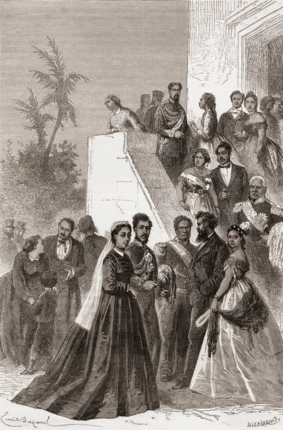 Kamehameha V, midden, met zijn familie, illustratie uit 