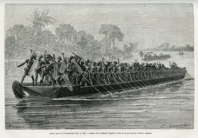 Grote kano van de Arouhouimi, geladen met 40 staande roeiers en twintig krijgers in wapens, op de Livingstone Rivier (Congo), tekening door Emile Bayard, ter illustratie van het verhaal 