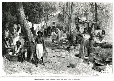 De wasvrouwen in Chorillo, Panama, gravure naar een tekening door E.Bayard, ter illustratie van het verhaal Exploratie op de isthmus van Panama en Darien, door A. Reclus, luitenant van het schip, van 1876 tot 1878, gepubliceerd in Le tour du monde, onder l door Emile Antoine Bayard