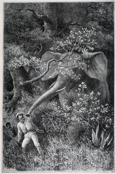 Livingstone verrast door een olifant, in "Le Tour du Monde" door Emile Antoine Bayard