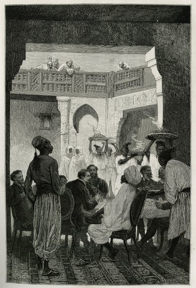 Lunch bij de minister van oorlog, hoofddeksel van een tulband, tegenover de auteur van het verhaal, aankomend door de hof, een rij bedienden die de gerechten van de maaltijd dragen, gravure door Emile Bayard, ter illustratie van het verhaal van Marokko doo door Emile Antoine Bayard