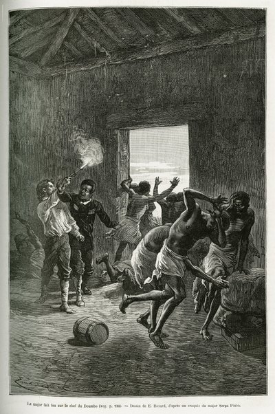 Majoor Serpa Pinto schoot op de dorpschef of werd gestopt omdat hij nog meer brandewijn eiste in ruil voor zijn gastvrijheid. Gravure door Emile Bayard, ter illustratie van het verhaal hoe ik Afrika heb doorkruist, van de Atlantische Oceaan tot de Indische door Emile Antoine Bayard
