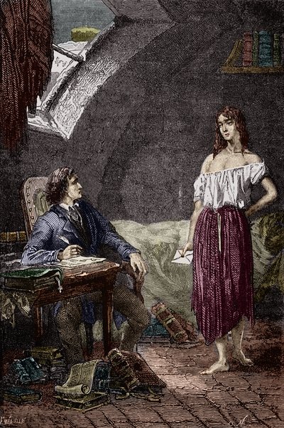 Marius en Eponine, oudste dochter van de Thenardiers en verliefd op Marius (Illustratie van de roman 