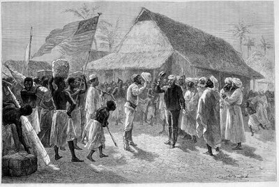 Ontmoeting tussen Sir Henry Morton Stanley (1841-1904) en David Livingstone (1813-1873), in "Le Tour du Monde" door Emile Antoine Bayard