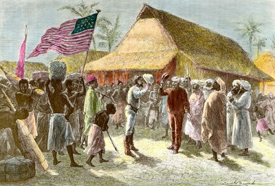 Ontmoeting in Ujiji aan de oevers van het Tanganyikameer tussen Henry Morton, een ontdekkingsreiziger en journalist uit Wales (1841-1904) en David Livingstone, een Schotse missionaris en ontdekkingsreiziger van het Afrikaanse continent (1813-1873), op 10 n door Emile Antoine Bayard