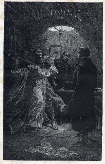 Monsieur Madeleine komt Fantine te hulp bij haar arrestatie door Javert - Illustratie door Emile Bayard (1837-1891) voor 