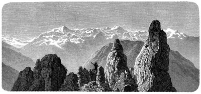 Bergtop genaamd Pierre a Voir nabij de baden van Saxon in de Zwitserse Alpen. Illustratie door Emile Bayard voor het boek 