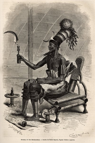 Mounza, koning van de Mombuttous (stam van Soedan), hoofdtooi van een knot bedekt met een cilindrische topkap versierd met papegaaiveertjes, een halvemaanvormige koperen plaat bevestigd aan het voorhoofd, om de nek een kraag van koperen latten en op zijn a door Emile Antoine Bayard