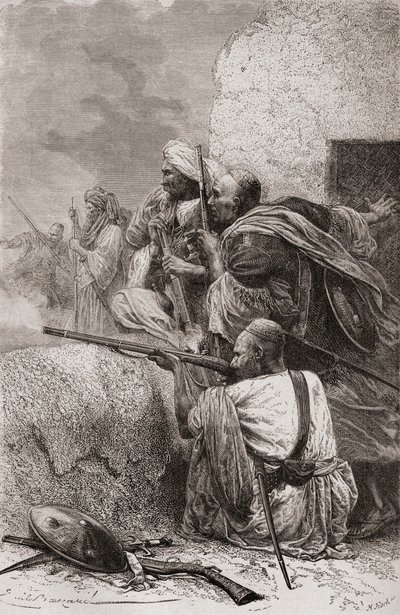 Noord-Afghaanse rebellen vechten tegen de Britten in de bergen van Hazara, Pakistan, tijdens de Britse overheersing, 1878 door Emile Antoine Bayard