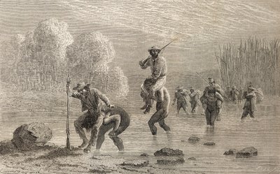 Paul Marcoy en zijn expeditie worden in 1874 door Chuncho-indianen door een moeras in Argentinië gedragen, illustratie uit 