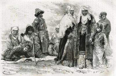 Arme en rijke Kirgizische vrouwen. Gravure door Emile Bayard, ter illustratie van reisindrukken van Orenburg naar Samarkand, door Marie de Ujfalvy-Bourdon, tussen 1876 en 1878, in de Tour du monde, onder leiding van Edouard Charton door Emile Antoine Bayard